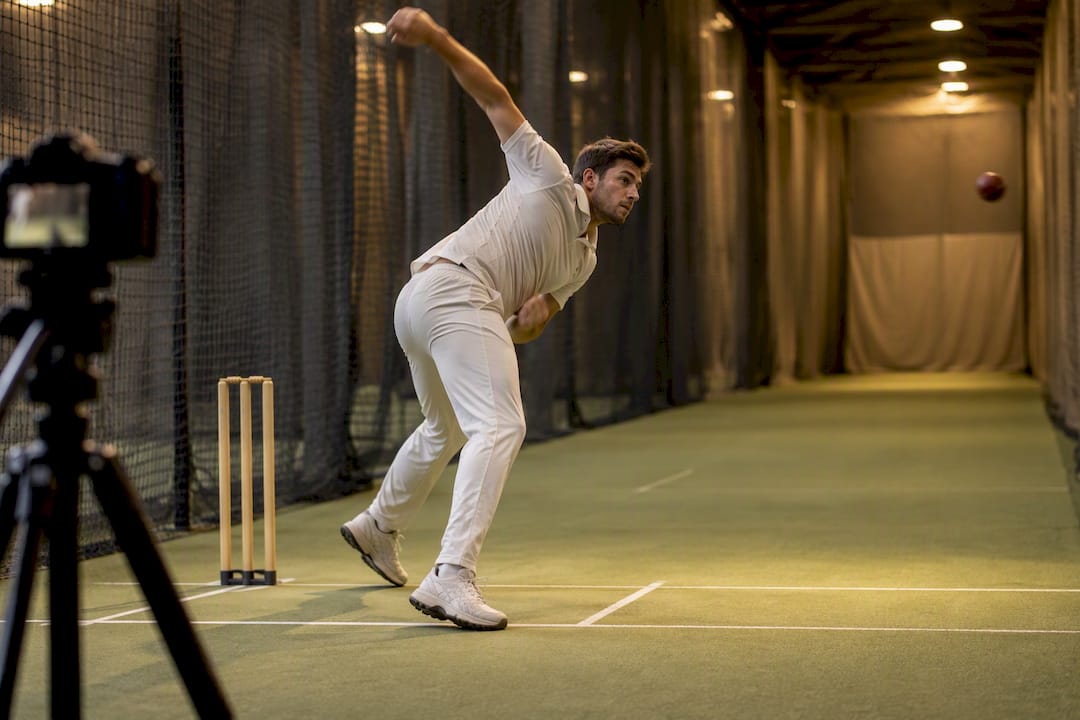 Cricket Coaches: Use Video Analysis to Track Trends, Not 15° Lab Tests Bowler filmed side-on from academy tripod
