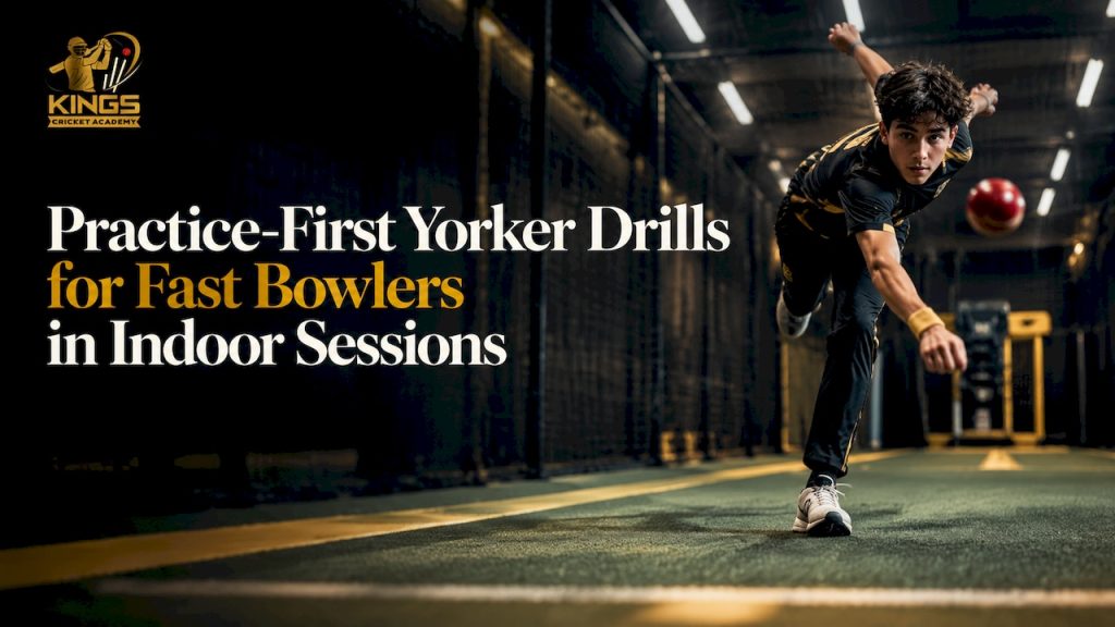 Fast bowler releasing ball indoors