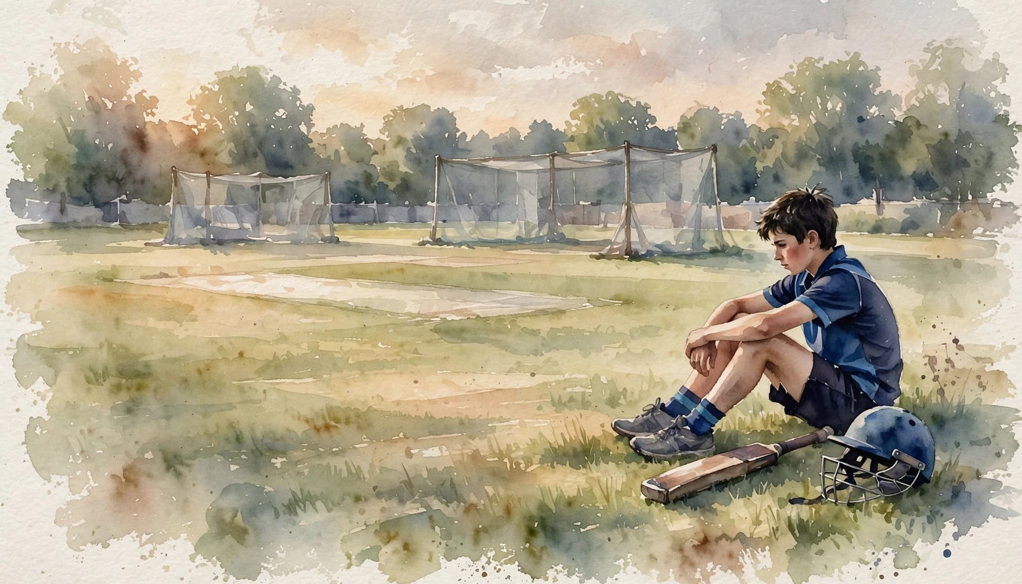 A young cricketer sits by a helmet and bat on a quiet oval.