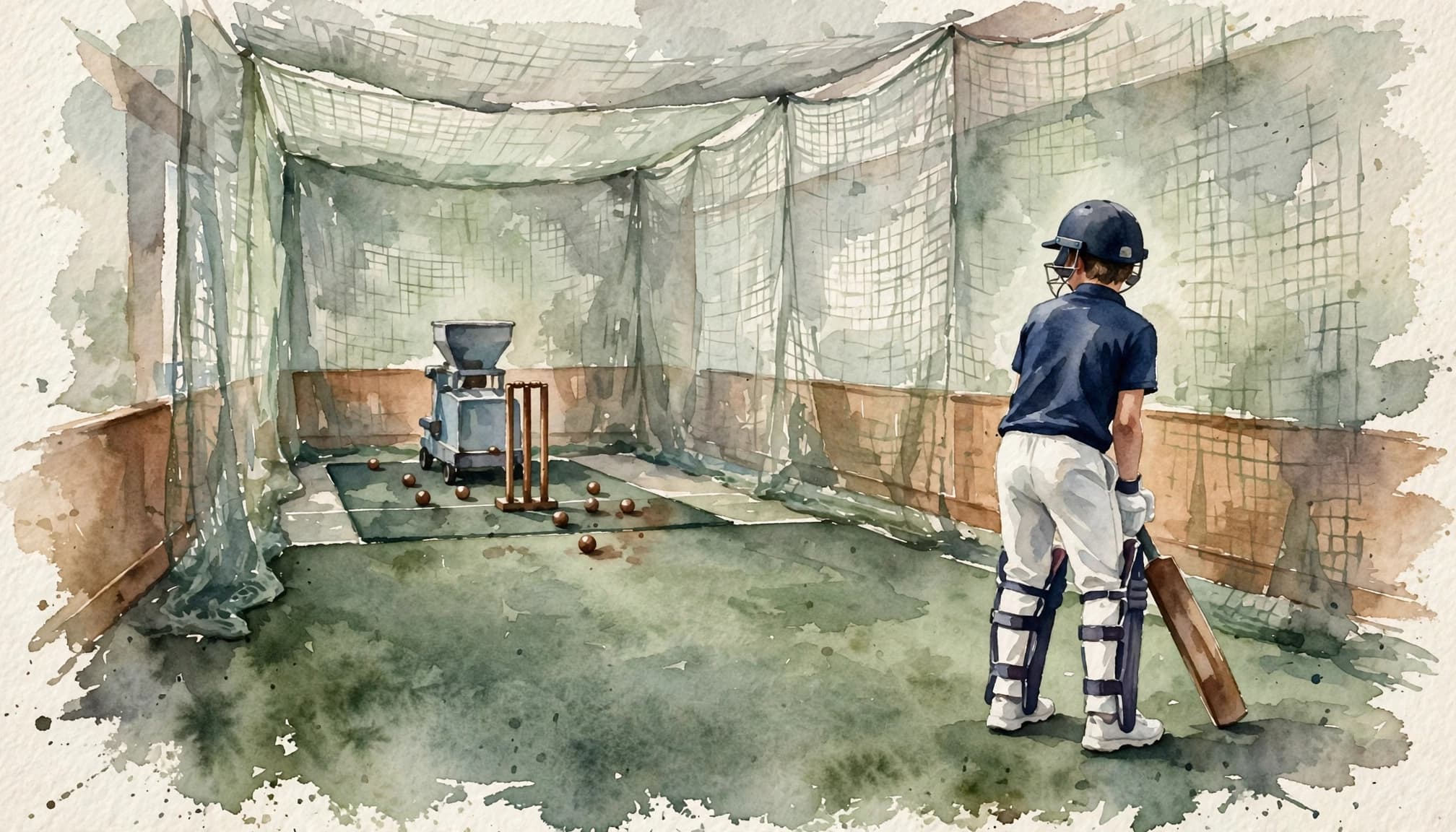 A young batter practices against a bowling machine in a netted indoor cricket lane.
