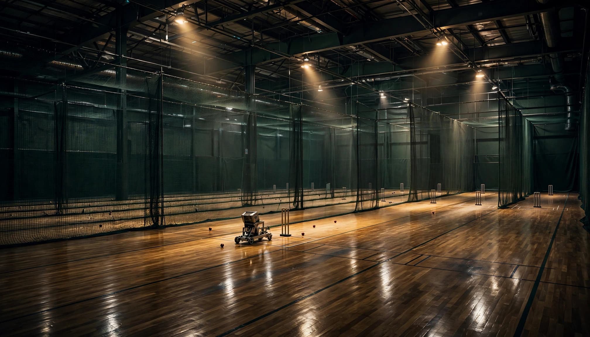How to Choose a Junior Cricket Club in Western Sydney Six indoor cricket lanes with a bowling machine, balls, and stumps.