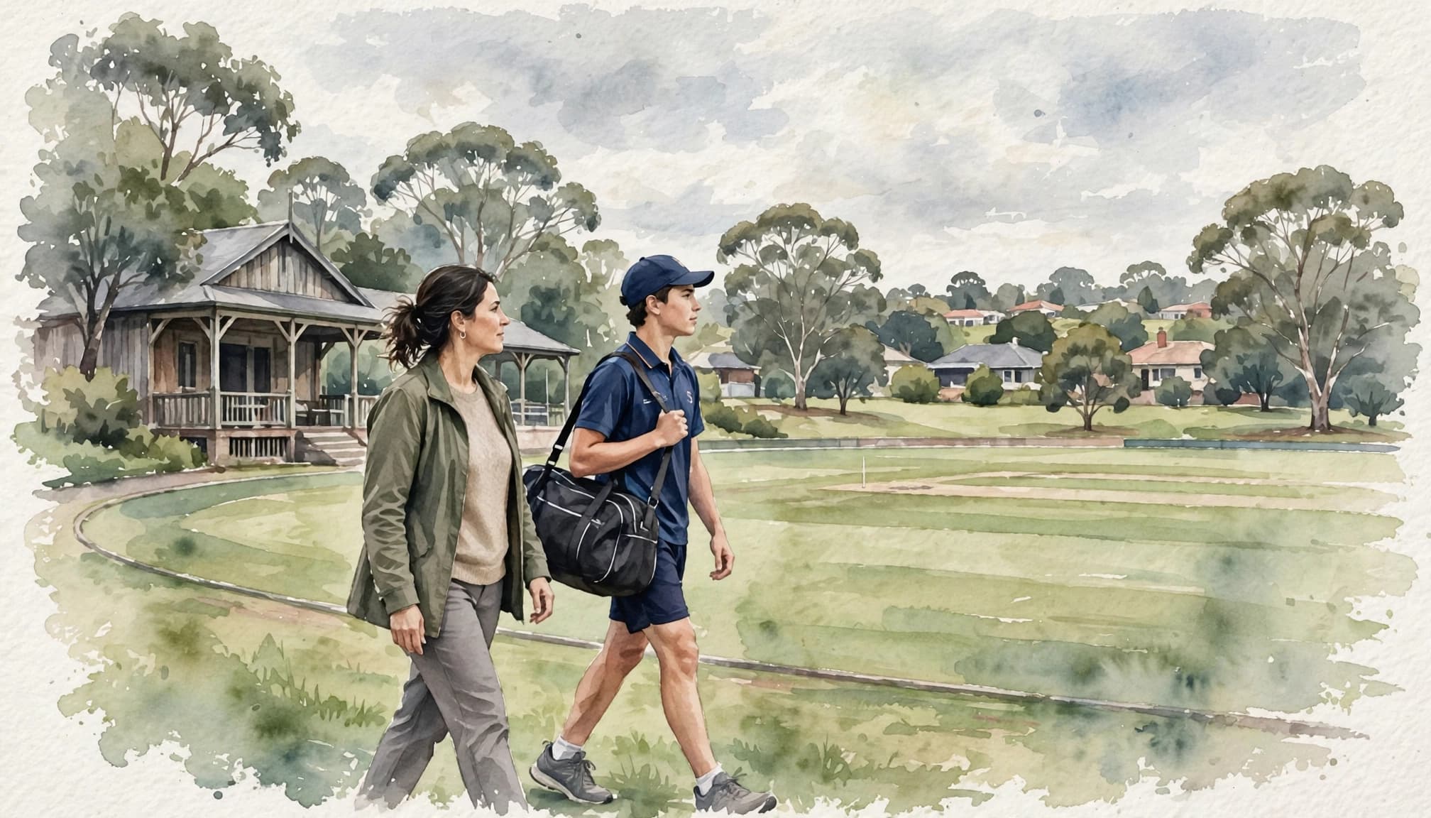 A parent walks beside a teenage cricketer carrying a bag near a pavilion.
