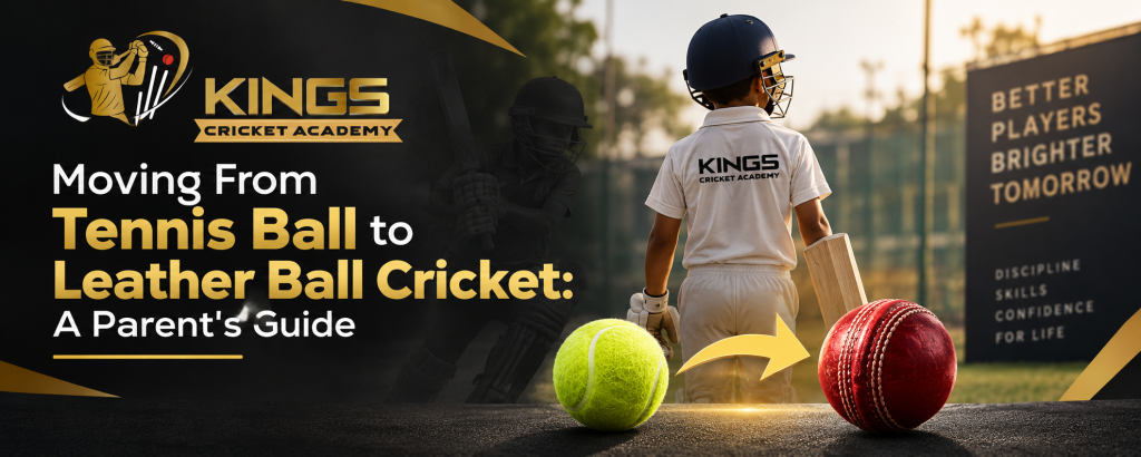 Moving From Tennis Ball to Leather Ball Cricket: A Parent's Guide child transitioning from tennis ball to leather ball cricket at indoor nets.
