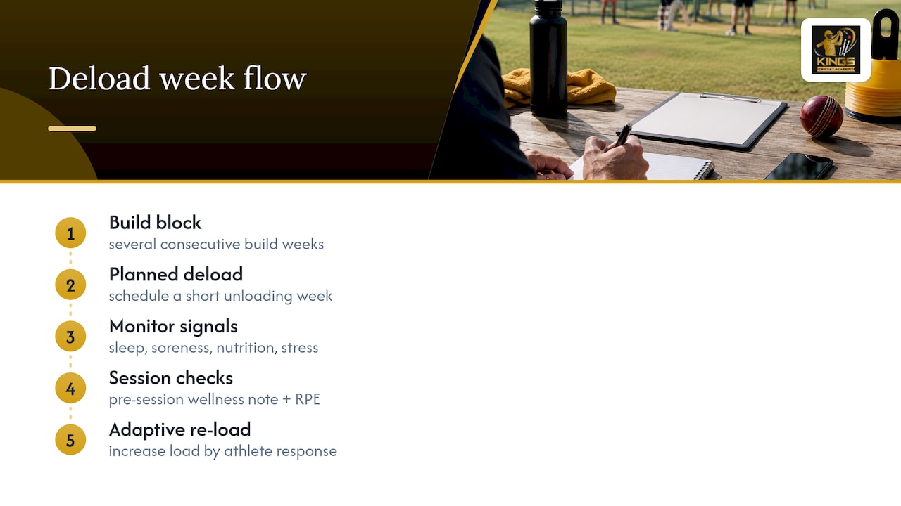 Coaches: 8 Week Cricket Training Schedule Aligned to AIS Guidance Avoiding load spikes with planned deload weeks — overview diagram