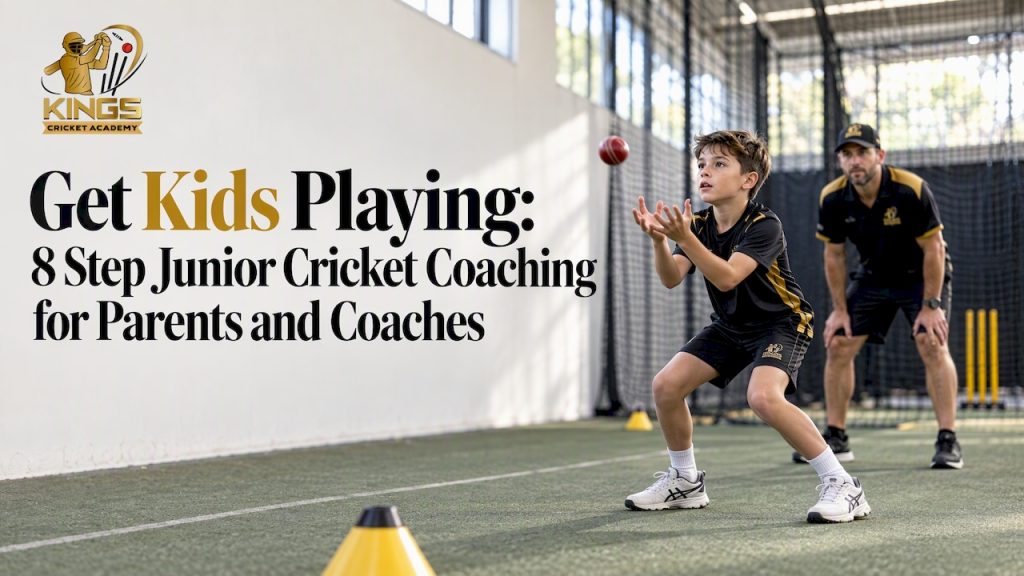 Coach guiding junior cricket catching drill