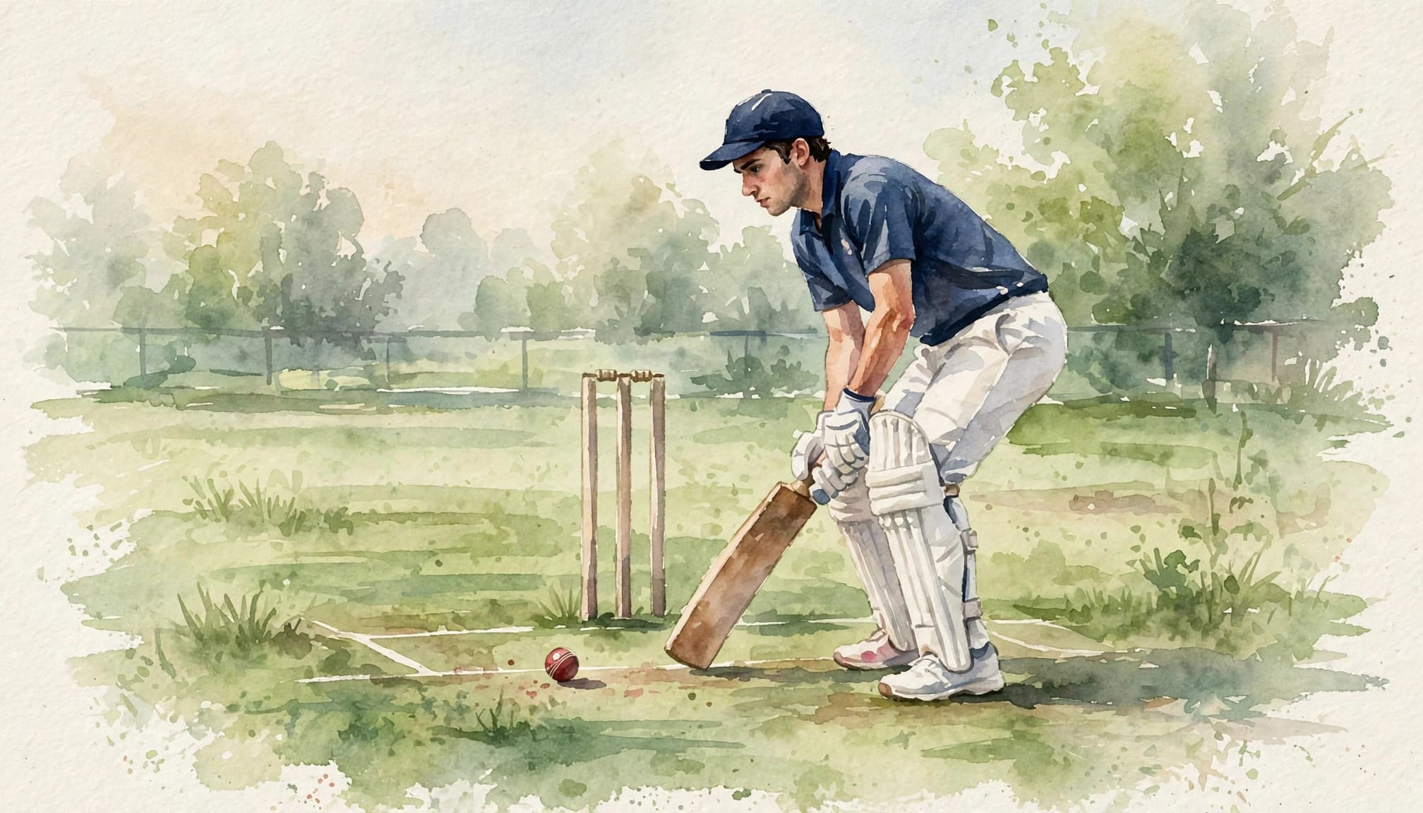 A cricket batter plays a forward defensive shot on a green wicket.