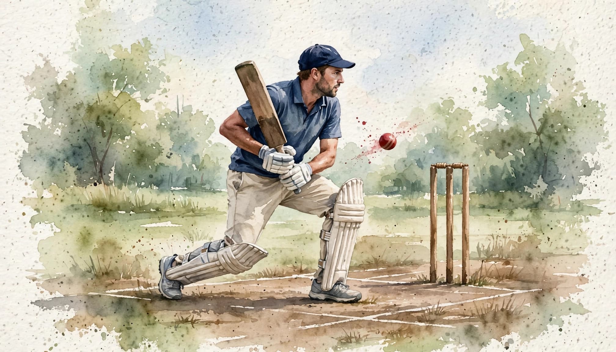 A cricket batter defends a rising ball on the back foot beside visible stumps.
