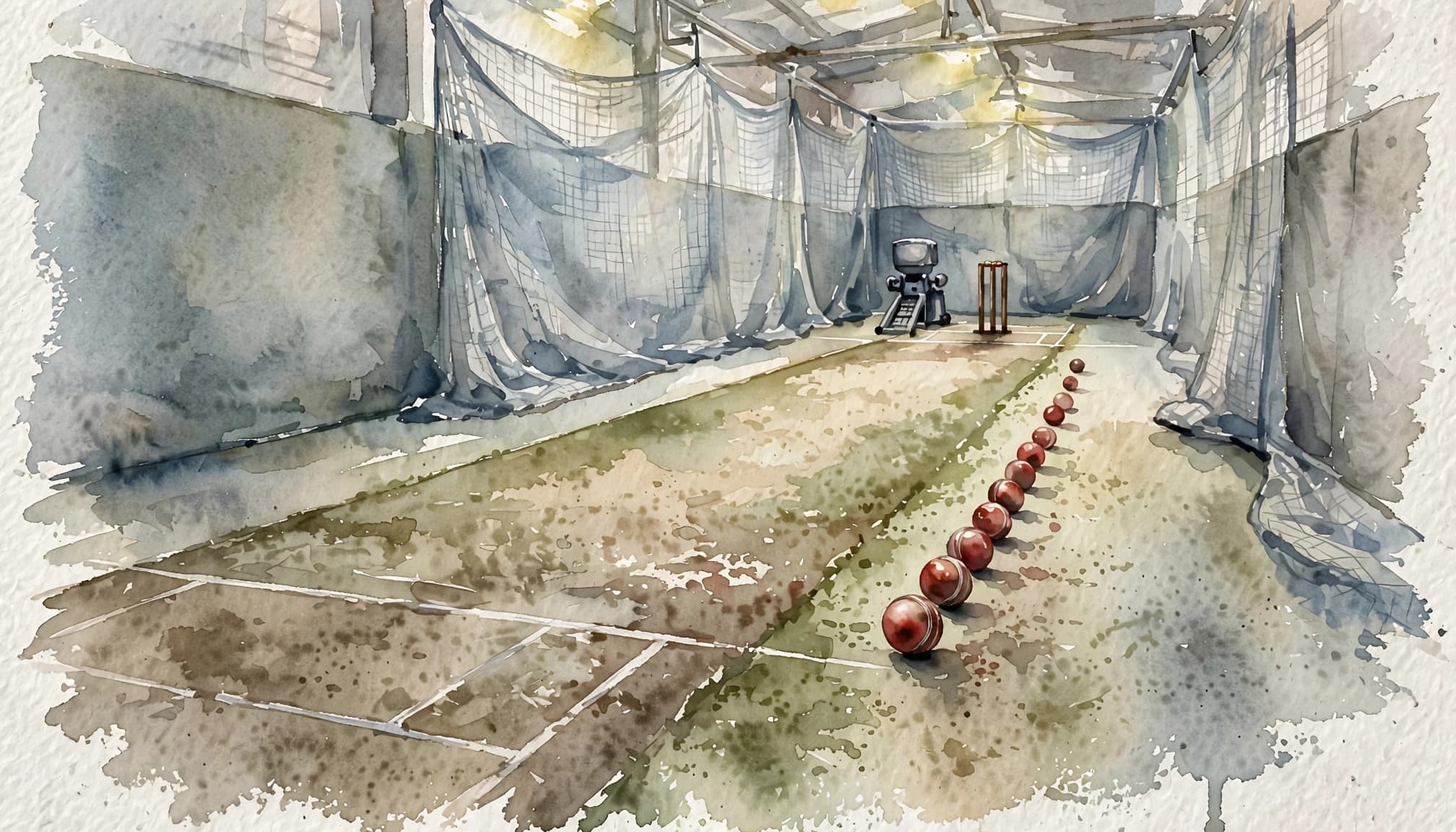 A watercolor cricket lane with a bowling machine, lined-up balls, and three stumps.